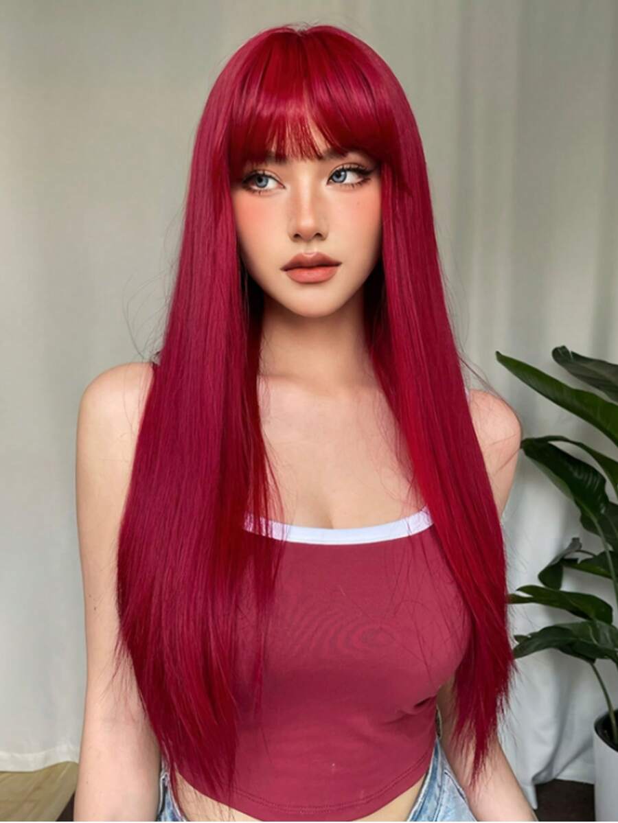 FIVE STARS 26 Inch Elegant Red Wig With Bangs For Women, Straight Heat Resistant Synthetic Hair,Fashionable Long Wig For Women,For Daily,Party,Cosplay,Weddings, Music Festivals - Red - View 1