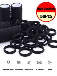 50pcs Black Simple Plain Color Elastic Hair Tie, 50pcs Autumn New Arrivals Casual Daily Black Elastic Hair Accessory For Women, Minimalist Ponytail Holder, Hairstyles Ideas, Rubber Band, Hair Accessories Set Autumn New Arrivals - 50pcs - View 7