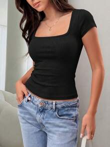 Women Summer Square Neck Short Sleeve Fitted Ribbed Knit T-Shirt Spring Basic Going Out Workout Y2k Shirt Tops Outfits - màu đen - Xem 4