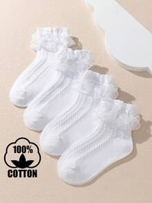 4 đôi tất cotton viền ren dành cho bé gái và trẻ nhỏ, tất trắng cho bé. - trắng - Xem 4