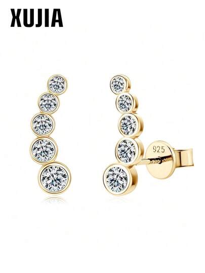 XUJIA 1 Pair 925 Sterling Silver Stud Earrings With 3.5mm, 3mm, 2.5mm, 2.2mm And 2mm Round Moissanite Earrings, Fashionable Wedding Gift, Women Earrings