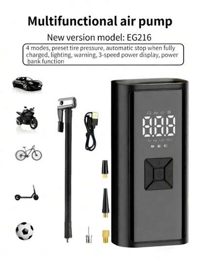 1pc Portable Car Air Compressor Pump With Auto Shut-Off & LED Light, Quickly Inflates Tires For Cars, Bikes, Motorcycles, Balls, Also Functions As Power Bank