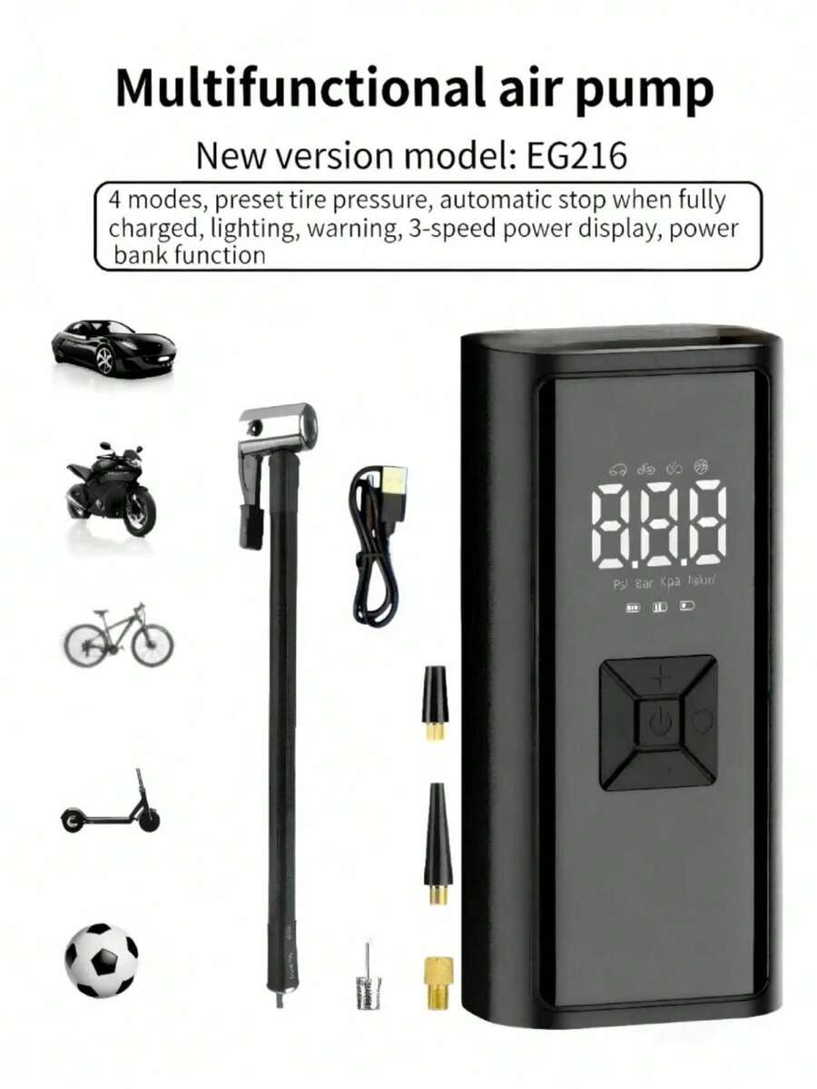 1 pieza Compresor de aire portátil para automóvil con apagado automático y luz LED, infla rápidamente neumáticos para automóviles, bicicletas, motocicletas, balones, también funciona como banco de energía - Negro - Ver 1