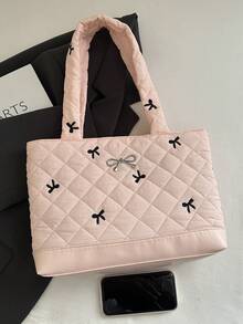 New Rhombus Bow Fashionable Korean Version Large Capacity Casual Unique Shoulder Tote Bag - Pink - View 7