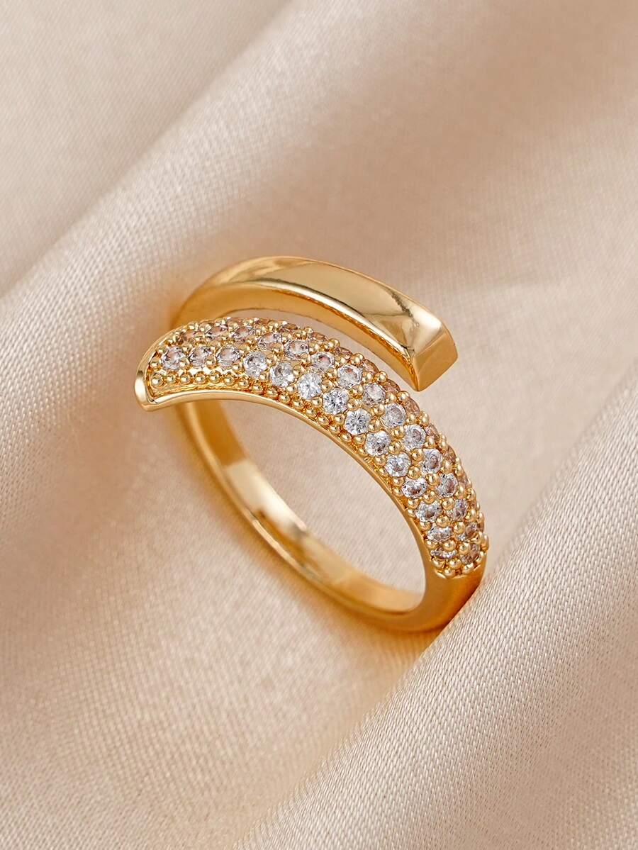 1 pieza Anillo de circonita cúbica elegante, adecuado para uso diario de mujeres, fiestas, bodas, regalo de vacaciones, joyería nupcial - Dorado - Ver 1