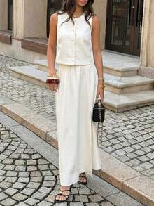 Unadoll Women's Summer Buttoned Blouse And High Slit Skirt Set, Gentle And Elegant Style, Suitable For Dates, Valentine's Day, Outings, Birthdays, Vacations And Birthday Outfits - White - View 9