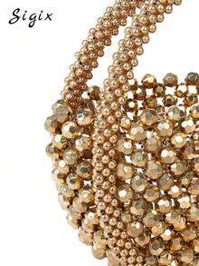 New Luxury Exquisite Handcrafted Beaded Mini Braided Shimmery Bead Handbag, Multicolor Beaded French Sparkling Evening Party Bag - Gold - View 4