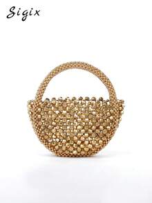 New Luxury Exquisite Handcrafted Beaded Mini Braided Shimmery Bead Handbag, Multicolor Beaded French Sparkling Evening Party Bag - Gold - View 9