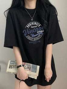 日系女式宽松圆领休闲百搭印花短袖T恤，春夏款，黑色 - 黑色 - 查看 2