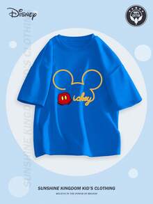 [Officially Licensed By Disney] 'Mickey And His Friends' Mickey Mouse Print Cotton T-Shirt Children's Short-Sleeve T-Shirt, Cartoon Print Top For Boys And Girls, Casual Sports Crew Neck Short-Sleeve Cotton T-Shirt, Machine Washable, Comfortable, Cool, Durable Knitted Gift - Bleu azur - Voir 1