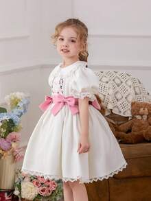 Đầm dự tiệc voan tay cánh hoa thắt nơ cho bé gái, đầm công chúa thanh lịch phù hợp cho sinh nhật lần thứ nhất của bé, tiệc tùng, lễ kỷ niệm, ngày lễ. - trắng - Xem 8