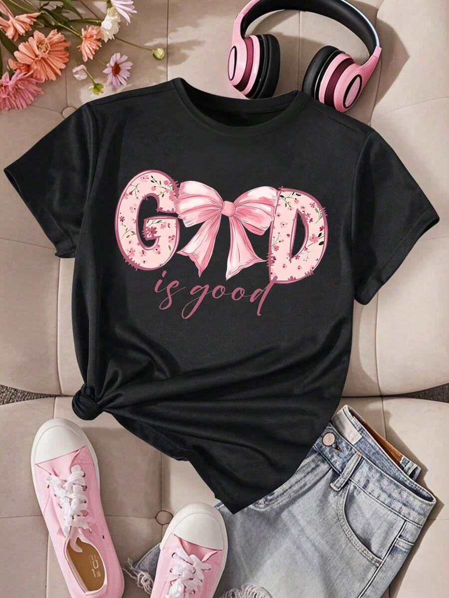 青少年女孩休闲简约可爱粉色蝴蝶结和字母图案套头圆领 T 恤，春夏新品 - 黑色 - 查看 1