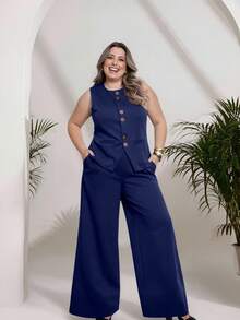 Plus Size Fashion Women's Tailored Set Vest + Pants Casual Fashion/With Special Buttons/Formal Work Blazer With Solid And Elegant Front Button Women's Tank Top/Elegant And Stylish Two-Piece Women's Suit With Front Buttons/Elegant/Sophisticated With Faux Pockets/With Buttons/Blogger/Fashion/National Shipping 2025 - 藏蓝色 - 查看 1