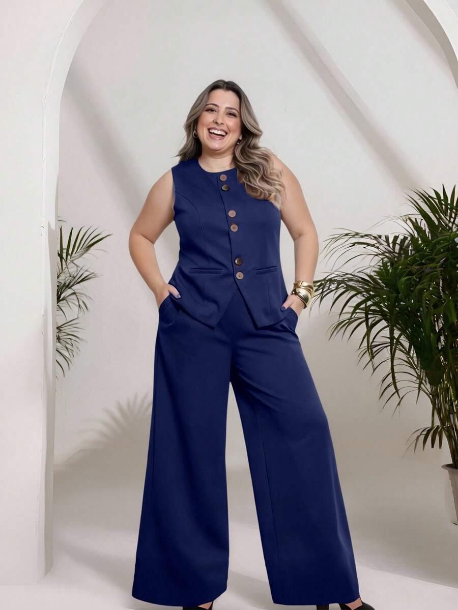 Plus Size Fashion Women's Tailored Set Vest + Pants Casual Fashion/With Special Buttons/Formal Work Blazer With Solid And Elegant Front Button Women's Tank Top/Elegant And Stylish Two-Piece Women's Suit With Front Buttons/Elegant/Sophisticated With Faux Pockets/With Buttons/Blogger/Fashion/National Shipping 2025 - 藏蓝色 - 查看 1
