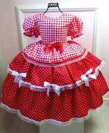 Luxury Party Dress For Girls/Teenagers, Quadrilha Junina (June Festival) With Tiara - Đỏ và trắng - Xem 2