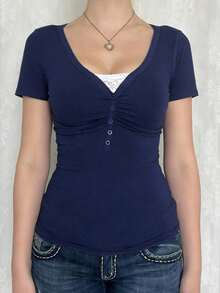 Camiseta casual de verano con cuello en V, manga corta, ajustada y con parches de encaje en estilo Y2K sexy para mujer - Azul - Ver 6