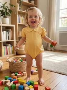 Baby Boy Girl Bubble Romper Infant Short Sleeve Collar Romper Oversize T-Shirt Cotton Bodysuit Top - 黃色 - 查看 2