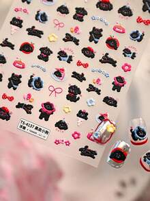 1片可爱黑色小狗卡通浮雕气球花梦幻美甲贴纸，5D自粘美甲装饰，适合女性、宠物爱好者，日常及派对装饰 - 彩色 - 查看 5