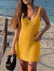 女士休闲无袖纯色轻薄度假罩衫迷你连衣裙，夏季沙滩 - 芥末黃 - 查看 8