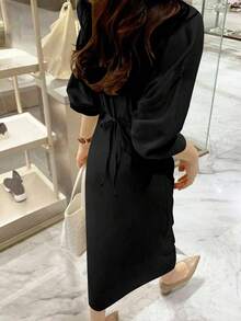 Women's Waist Tie Loose Top & Slim Fit Mid-Length Lapel Shirt Dress, Suitable For Daily Travel, Brunch, Tea Party, Commute, Airport Wear, Spring/Summer & Spring/Autumn Black Elegant - Black - View 4