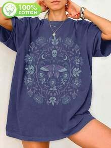 Ladies' Fashion Gothic Garden Floral Skull Cute Print Pattern, Plant Butterfly Pattern T-Shirt, Gothic Elements Halloween Pure Cotton Washed Short - 藍色 - 查看 1