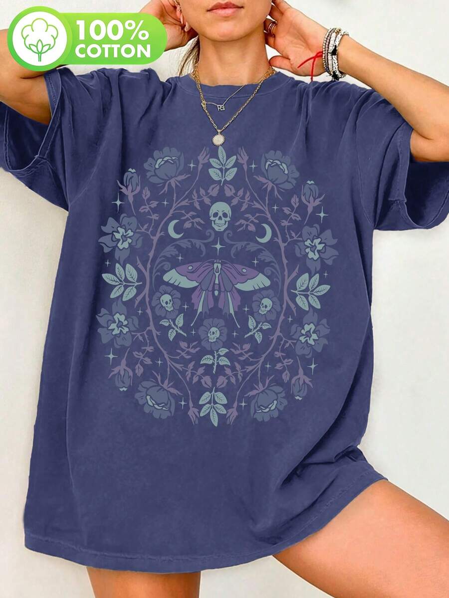 Ladies' Fashion Gothic Garden Floral Skull Cute Print Pattern, Plant Butterfly Pattern T-Shirt, Gothic Elements Halloween Pure Cotton Washed Short - 藍色 - 查看 1