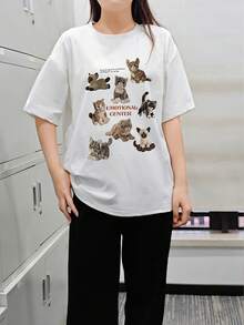 女士圆领短袖T恤，夏季新款猫咪图案字母印花，时尚休闲百搭宽松上衣 - 白色 - 查看 2