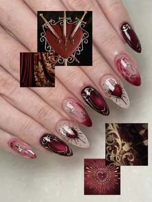 24片杏仁形甜美撞色心形星形美甲贴纸，情人节专属，包含凝胶美甲贴和指甲锉，提升您的节日美甲造型，日常佩戴也同样适用，适合学校、办公室、派对等场合。 - 酒紅色 - 查看 3