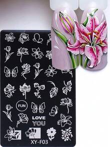 1pc Flower Nail Stamping Plate Tulip Spring Summer Flower Butterfly Image Steel Plate Y2K Nail Template DIY Printing Stencil Manicure Accessory Tool - Silver - View 2