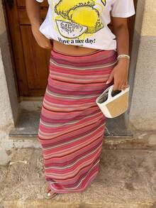 Look Polly Women's Summer Vacation Skirt, Bohemian Style High Waist Knitted Striped Skirt, Suitable For Valentine's Day, Carnival, Holiday Dinner Parties And Other Occasions - Pink - View 3