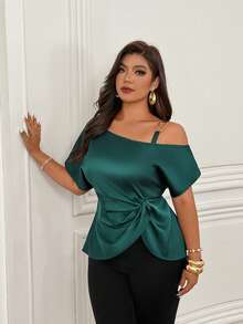 Plus Size Regular Length Shirt, Made Of Non-Stretch Fabric, Off-Shoulder Design, Short Sleeve Style, Suitable For Any Occasion Summer - Green - View 4