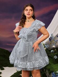 Faeriesty Elegant Sparkling Short Sleeve Dress With V-Neck, Ruffled Collar, Oversized Bow Detail For Wedding Photoshoot, Garden Ceremony, Outdoor Engagement - Silver - View 2