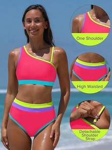 Women's One Shoulder Bikini Set Color Block High Waisted Two Piece Swimsuit Asymmetrical Neon High Cut Tummy Control Sexy Sporty Padded Summer Beach Bathing Suit Retro Flattering - 玫紅色 - 查看 4