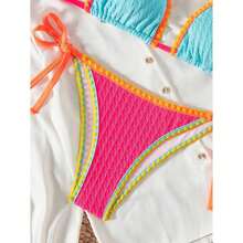 BikiniWomen Color Block Blue Pink, TriangleHigh Waist Swimsuit, Adjustable Tie Sides Retro Bathing Suit, S-XL - 多色527 - 查看 5