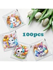100pcs Easter Bunny Gift Bags, Self-Adhesive Candy Packaging Bags With Cute Rabbit And Egg Design, Holiday Party Favor Bags - View 1