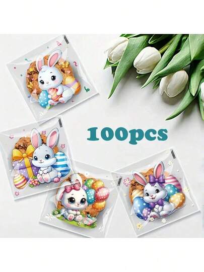 100pcs Easter Bunny Gift Bags, Self-Adhesive Candy Packaging Bags With Cute Rabbit And Egg Design, Holiday Party Favor Bags