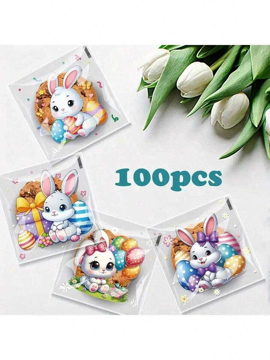 100pcs Easter Bunny Gift Bags, Self-Adhesive Candy Packaging Bags With Cute Rabbit And Egg Design, Holiday Party Favor Bags - View 1