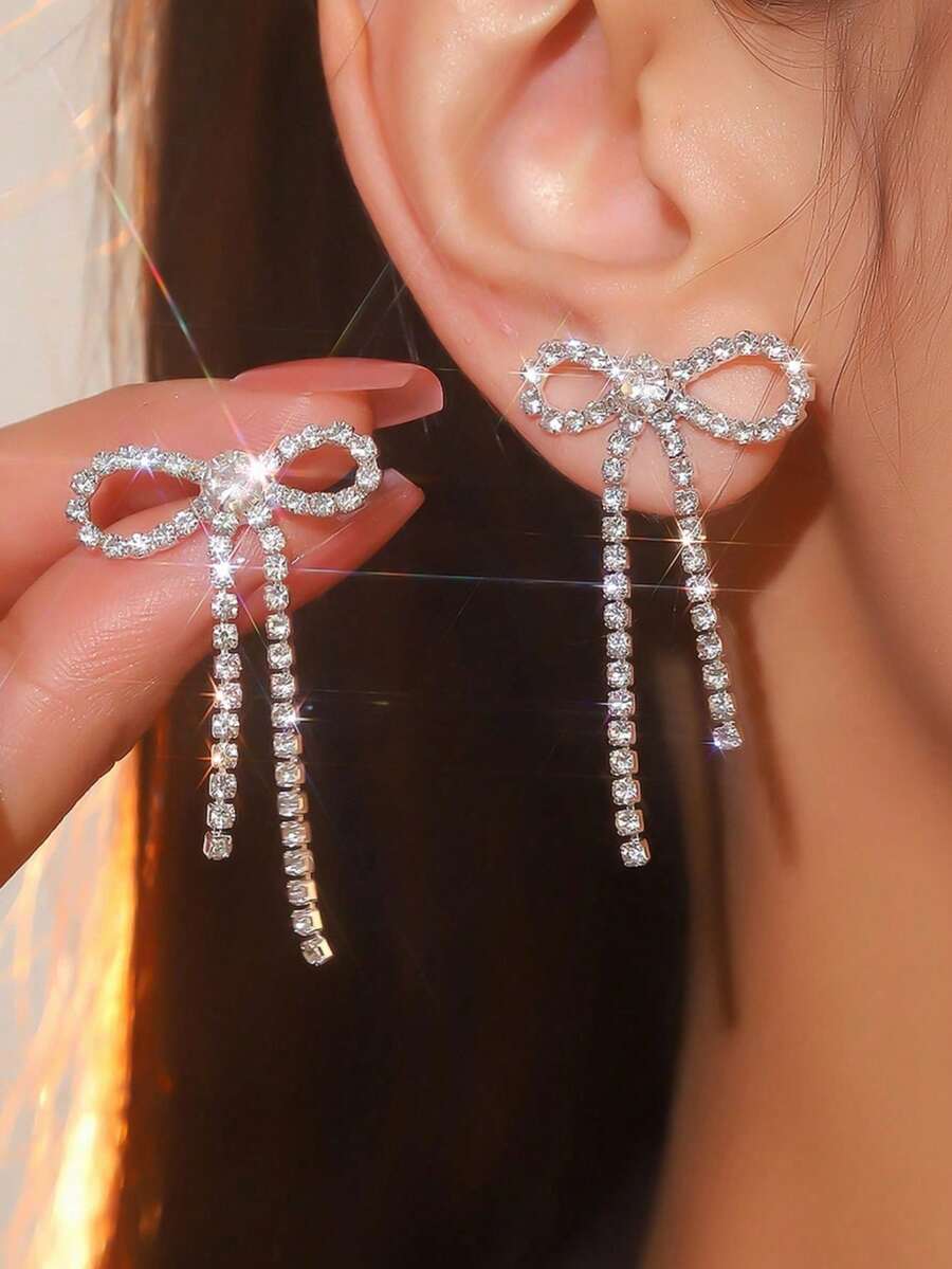 1 Pair Fashionable Cute Rhinestone Bowknot Earrings For Women - Silver - View 1