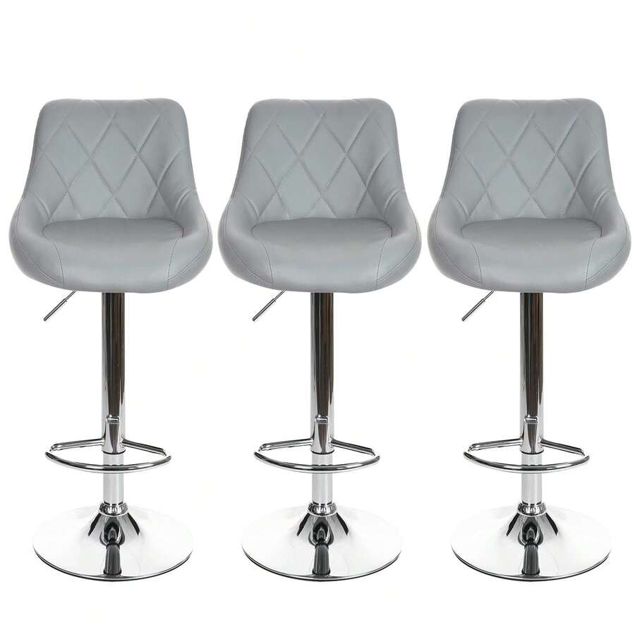 Set Of 3 Modern Bar Stools | Leatherette Adjustable Swivel Gas Lift Breakfast Chairs For Kitchen Island, Counter & Home - Grey - View 1