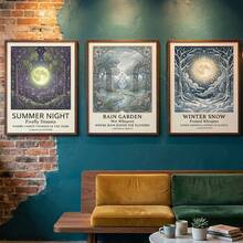 三件套威廉·莫里斯风格季节性帆布墙画——冬季雪景、夏季萤火虫和雨中花园装饰画，可选配画框 - 彩色 - 查看 10