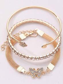 Juego de 3 piezas de pulseras de mujer con diseño de corazón abierto - creativo, retro, simple, pulsera de corazón y mariposa con suerte - Dorado - Ver 3