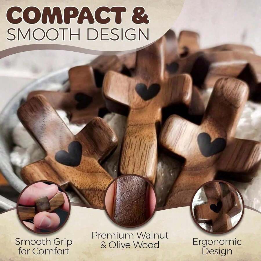 20 Pcs Cherished Cross My Heart Gift Pack, Small Handcrafted Wooden Pocket Cross With Elegant Mesh Bag, Soothing Encouragement Charm For Christian Prayer & Emotional Comfort, Special Keepsake Great For Birthday, Graduation, Religious Occasions & Warm Gift For Family Friends - Brown - 查看 1