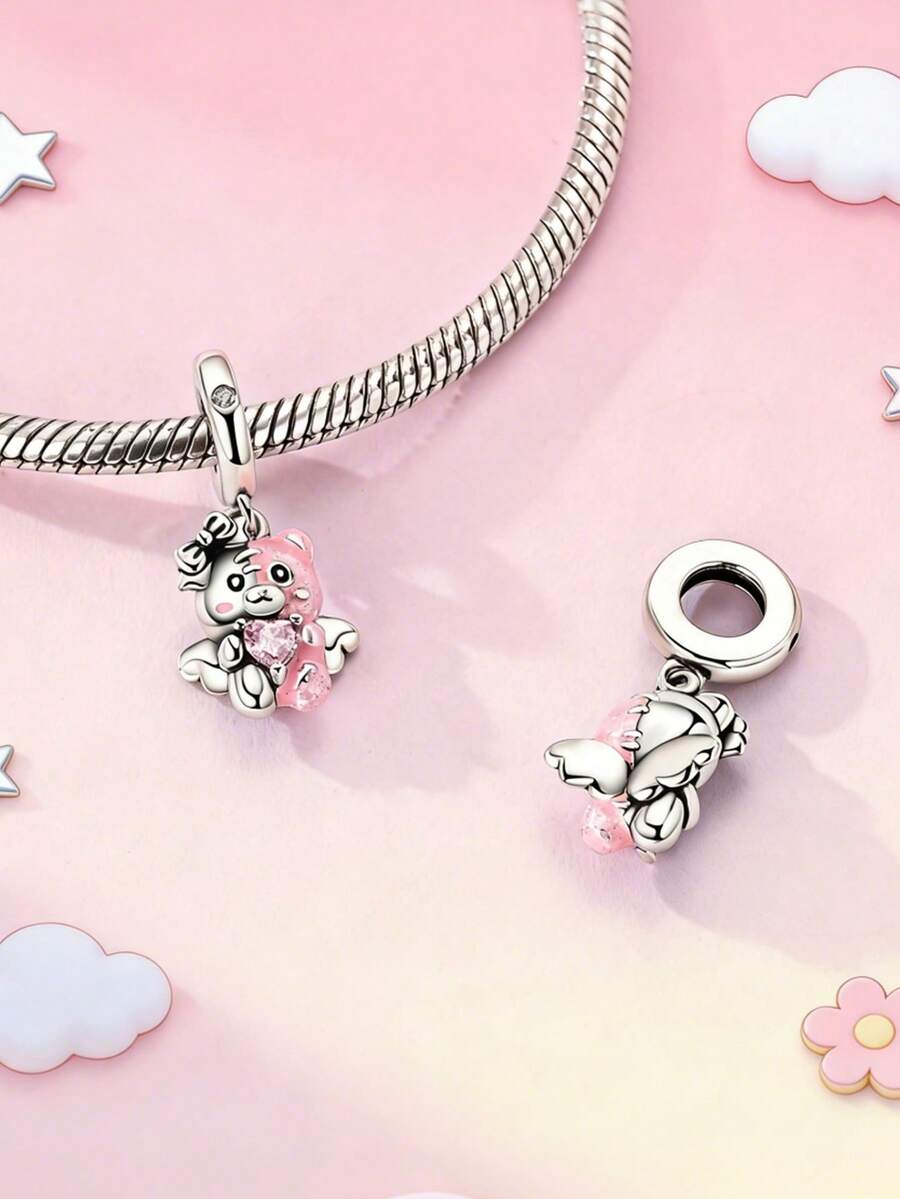 1 Piece Original Design Silver Color Charm Add A Whimsical Touch To Your Charm Bracelet With This Adorable Teddy Bear Dangle Charm, The Lovable Bear Features A Sweet Expression, With A Fuzzy Pink Zirconia Blushing Cheeks That Bring Its Playful Personalized To Life. Suspended From A Polished Silver Bail