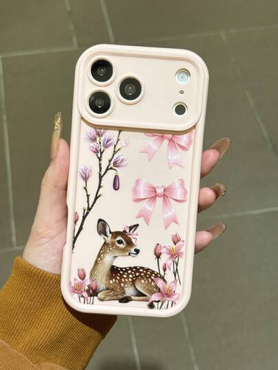 Cute Minimalist Bowknot + Deer Cover Soft Silicone Full Protective Phone Case With Precise Cutouts, Suitable As Gift For Family, Friends, Kids, Birthday, Holiday, Compatible With IPhone 17 Pro Max, 16 Pro Max, 15, 14, 13, 12, 11, 7/8 Plus, XS Max