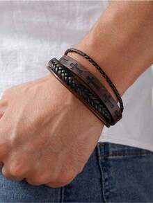 1pc Vintage Hip-Hop Leather Cross Bracelet Versatile For Men Suitable For Daily Wear Birthday Christmas Thanksgiving New Year Gifts - Brown - View 2