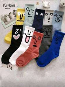 1/5/10 Pairs Random Funny Expression Socks, Unisex Cartoon Mid-Calf Long Socks For Spring & Autumn - Multicolor - View 1