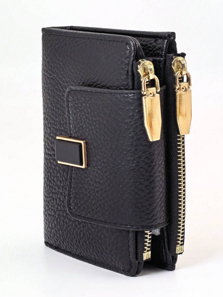 女士短款钱包，纯黑色，柔软精致的PU皮革手机钱包，时尚按扣双拉链大容量多功能钱包卡包，轻巧简约手拿包，适合作为节日礼物 - 黑色 - 查看 1