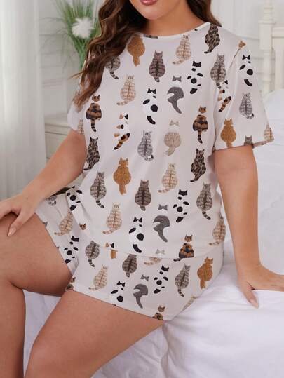 2件套杏色可爱彩色小猫卡通动物印花睡衣套装，舒适短袖圆领套头衫和松紧腰短裤，时尚百搭，适合户外、室内、四季穿着。