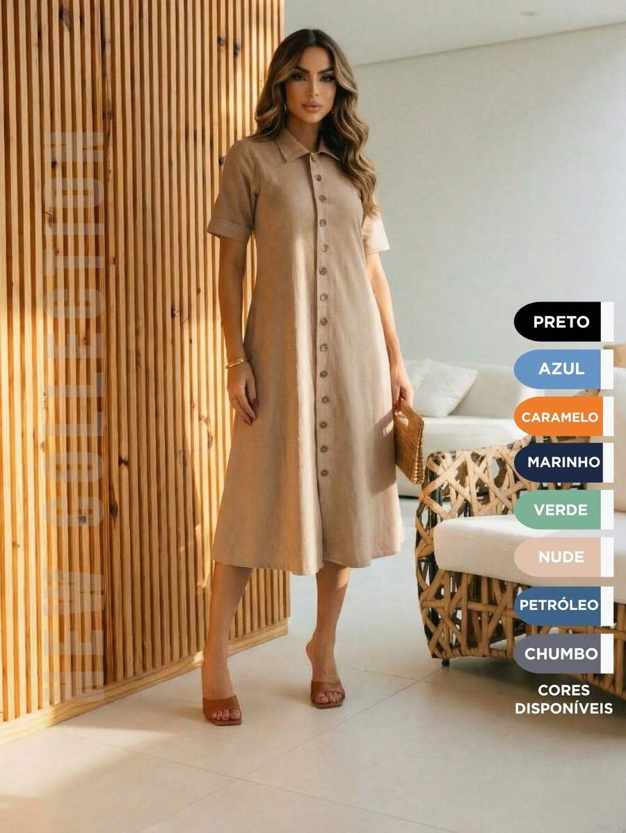 Plain Shirt Dress With Button Collar And Side Pocket 100% Cotton. Women's Fashion For All Occasions - 米色 - 查看 1