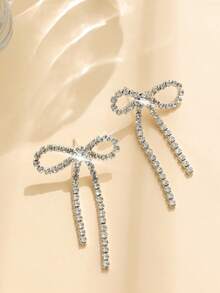 1 Pair Fashionable Cute Rhinestone Bowknot Earrings For Women - Silver - View 2